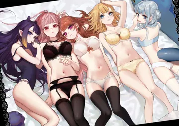 5girls arm_up bare_arms bare_legs bare_shoulders black_bra black_garter_belt black_panties black_thighhighs blonde_hair blue_bra blue_eyes blue_hair blunt_bangs bow bow_bra bow_panties bra breasts brown_hair camisole collarbone fins fish_tail garter_belt hair_spread_out holomyth lace_trimmed_bra lace_trim large_breasts lingerie long_hair long_sleeves looking_at_viewer lying multiple_girls navel on_back on_stomach open_mouth panties parted_lips pink_eyes pink_hair pointy_ears purple_camisole purple_hair red_eyes shark_tail small_breasts smile stomach strap_slip tail thigh_gap thighhighs underwear underwear_only very_long_hair virtual_youtuber white_bra white_panties white_thighhighs yellow_bra yellow_panties smilesmile1312 hololive gawr_gura__hololive mori_calliope__hololive ninomae_ina_nis__hololive takanashi_kiara__hololive takodachi__ninomae_ina_nis__hololive watson_amelia__hololive