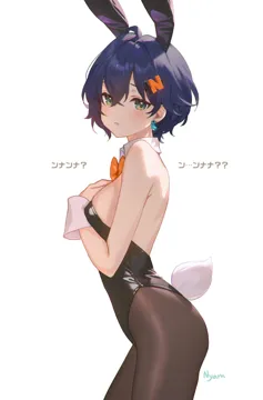 1girl ahoge animal_ear_hairband animal_ears black_hairband black_leotard black_pantyhose blush bow bowtie breasts cowboy_shot crossed_bangs detached_collar double_parted_bangs ear_piercing earrings fake_animal_ears fake_tail from_side green_eyes hair_between_eyes hair_intakes hair_ornament hairband hairclip hand_up highleg highleg_leotard jewelry leotard letter_hair_ornament looking_at_viewer medium_breasts medium_hair orange_bow orange_bowtie pantyhose parted_lips piercing playboy_bunny purple_hair rabbit_ear_hairband rabbit_ears rabbit_tail signature simple_background solo standing tail turning_head white_background wrist_cuffs adelie_cat zenless_zone_zero belle__zenless_zone_zero