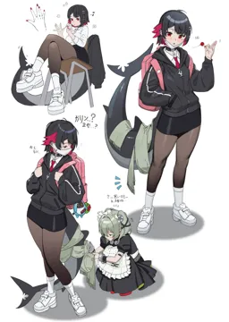 2girls alternate_costume bangboo__zenless_zone_zero candy colored_inner_hair fins fish_tail food hand_in_pocket holding holding_candy holding_food holding_lollipop lollipop mole mole_under_eye multicolored_hair multiple_girls red_nails shark_girl shark_tail simple_background tail white_background midfinger zenless_zone_zero corin_wickes__zenless_zone_zero ellen_joe__zenless_zone_zero sharkboo__zenless_zone_zero