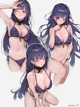 1girl alternate_costume artist_name bare_shoulders bikini black_ribbon blush breasts cleavage closed_eyes collarbone earrings front_tie_bikini_top front_tie_top hand_up honkai__series honkai_impact_3rd jewelry large_breasts long_hair looking_at_viewer multiple_views navel neck_ribbon one_eye_closed open_mouth purple_bikini purple_eyes purple_hair raiden_mei raiden_mei__apho ribbon side_tie_bikini_bottom sooon stomach swimsuit very_long_hair white_background