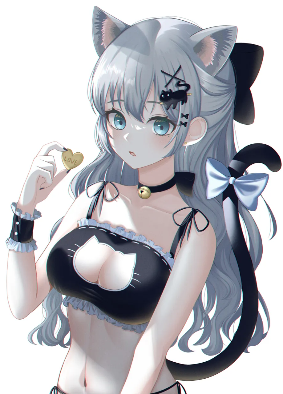 1girl animal_ears bare_shoulders bell black_bow black_bra black_nails black_panties bow bra breasts cat_cutout cat_ears cat_girl cat_hair_ornament cat_lingerie cat_tail choker cleavage cleavage_cutout clothing_cutout collarbone grey_eyes grey_hair hair_bow hair_ornament heart holding jingle_bell long_hair looking_at_viewer medium_breasts meme_attire nail_polish navel neck_bell panties ribbon_choker shirt side_tie_panties simple_background solo tail underwear upper_body white_shirt wrist_cuffs x_hair_ornament doongdang