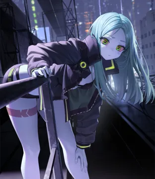 1girl artificial_eye black_panties bra breasts colored_sclera colored_skin grey_hair hand_on_own_leg jacket leg_tattoo looking_ahead mechanical_eye neck_tattoo panties parted_bangs petite red_sclera samurai_jacket__cyberpunk short_shorts shorts small_breasts solo strapless strapless_bra tattoo underwear white_skin xzu cyberpunk__series cyberpunk_edgerunners rebecca__cyberpunk