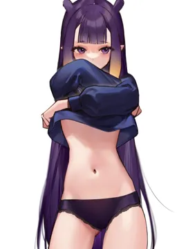 1girl ass_visible_through_thighs black_panties blue_sweater blunt_bangs clothes_lift cowboy_shot gradient_hair hands_up lifting_own_clothes long_hair looking_at_viewer mole mole_under_eye multicolored_hair navel orange_hair panties pointy_ears purple_eyes purple_hair sidelocks simple_background solo standing stomach sweater sweater_lift tentacle_hair underwear undressing very_long_hair virtual_youtuber white_background smilesmile1312 hololive ninomae_ina_nis__hololive
