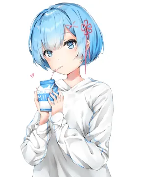 1girl blue_eyes blue_hair casual double_parted_bangs drinking_straw flower hair_between_eyes hair_flower hair_ornament hair_ribbon hands_up heart light_blush long_sleeves looking_at_viewer milk_carton nail_polish open_mouth red_nails red_ribbon ribbon short_hair simple_background sleeves_past_wrists solo sweater upper_body white_background white_sweater x_hair_ornament nakony re_zero rem__re_zero