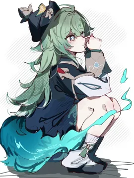 1girl ahoge animal_ears black_shoes blue_hat closed_mouth fox_ears fox_girl from_side green_eyes green_hair hair_between_eyes hair_ornament hat long_hair long_sleeves looking_at_viewer paw_shaped_pupils shoes shorts simple_background solo squatting symbol_shaped_pupils tail white_background yin_yang yin_yang_hair_ornament jako_gnsn honkai__star_rail honkai__series huohuo__honkai__star_rail