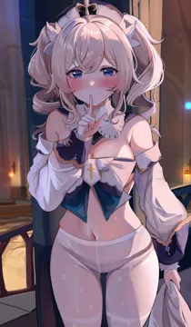 1girl barbara__genshin_impact bare_shoulders black_panties blonde_hair blue_eyes blush breasts cleavage crotch_seam detached_collar detached_sleeves genshin_impact hand_up hat high_waist_pantyhose index_finger_raised long_hair looking_at_viewer medium_breasts navel panties pantyhose parted_lips sak__lemondisk see_through_clothes see_through_legwear solo sweatdrop thighband_pantyhose thighs twintails underwear white_hair white_hat white_pantyhose white_sleeves