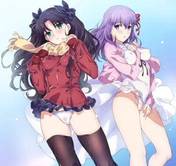2girls animal_ears aqua_eyes arm_between_breasts ass_visible_through_thighs between_breasts black_hair black_thighhighs blush bow bow_panties breasts buttons clothes_lift coat covered_navel covered_nipples double_breasted dress dress_lift hair_between_eyes hair_ribbon impossible_clothes jacket long_hair long_sleeves looking_at_viewer multiple_girls panties parted_lips pink_panties pleated_skirt purple_eyes purple_hair ribbon scarf siblings sisters skirt skirt_lift sleeves_past_wrists thighhighs two_side_up underwear white_dress white_panties wind wind_lift winter_clothes winter_coat niko__tama fate_stay_night fate__series matou_sakura tohsaka_rin
