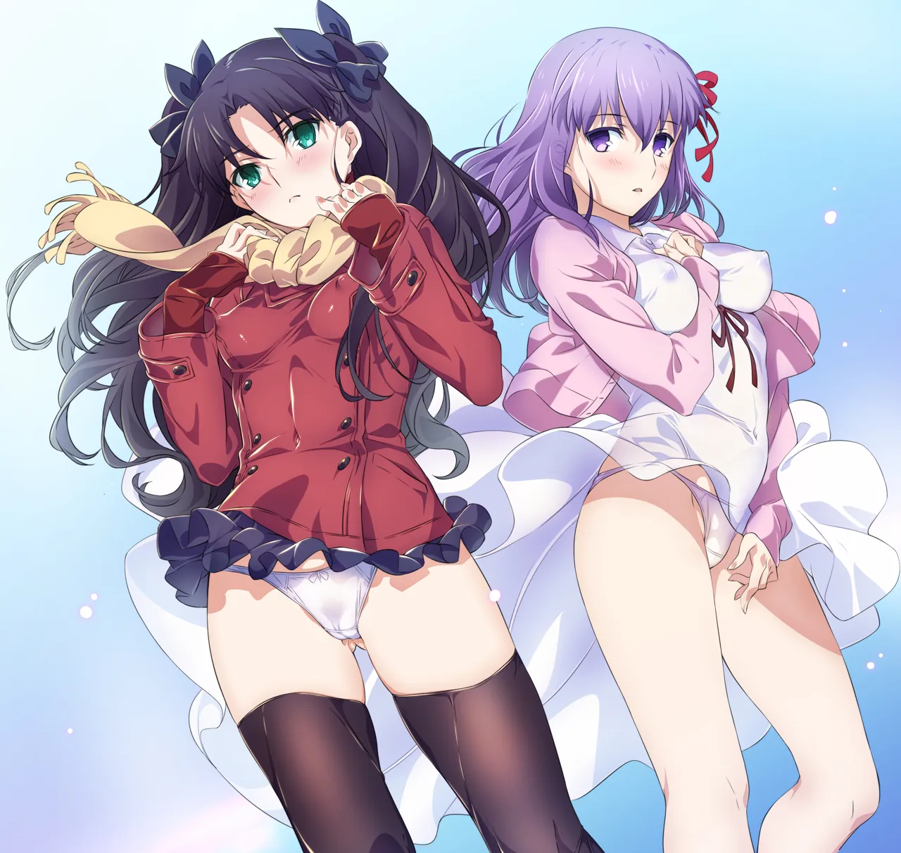 2girls animal_ears aqua_eyes arm_between_breasts ass_visible_through_thighs between_breasts black_hair black_thighhighs blush bow bow_panties breasts buttons clothes_lift coat covered_navel covered_nipples double_breasted dress dress_lift hair_between_eyes hair_ribbon impossible_clothes jacket long_hair long_sleeves looking_at_viewer multiple_girls panties parted_lips pink_panties pleated_skirt purple_eyes purple_hair ribbon scarf siblings sisters skirt skirt_lift sleeves_past_wrists thighhighs two_side_up underwear white_dress white_panties wind wind_lift winter_clothes winter_coat niko__tama fate_stay_night fate__series matou_sakura tohsaka_rin