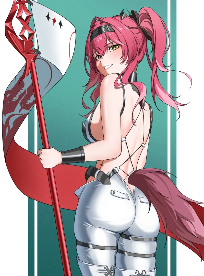 1girl ass back backless_bodysuit bare_shoulders black_bow bodysuit bow breasts cowboy_shot from_behind hair_bow hairband holding holding_polearm holding_weapon large_breasts light_blush long_hair looking_at_viewer looking_back median_furrow metal_hairband multiple_hair_bows parted_lips pink_hair polearm smile solo tacet_mark__wuthering_waves tail toeless_bodysuit weapon white_bodysuit wolf_tail yellow_eyes hazeillusts wuthering_waves lupa__wuthering_waves