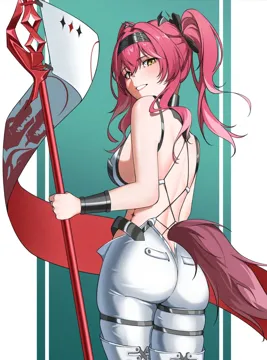 1girl ass back backless_bodysuit bare_shoulders black_bow bodysuit bow breasts cowboy_shot from_behind hair_bow hairband holding holding_polearm holding_weapon large_breasts light_blush long_hair looking_at_viewer looking_back median_furrow metal_hairband multiple_hair_bows parted_lips pink_hair polearm smile solo tacet_mark__wuthering_waves tail toeless_bodysuit weapon white_bodysuit wolf_tail yellow_eyes hazeillusts wuthering_waves lupa__wuthering_waves