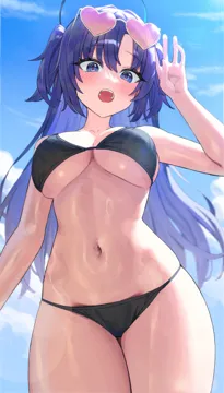 1girl alternate_costume bikini black_bikini black_halo blue_archive blue_eyes blue_hair blue_sky blush breasts cleavage cloud cloudy_sky damcheong day eyewear_on_head from_below halo heart heart_shaped_eyewear large_breasts long_hair looking_at_viewer navel open_mouth sky solo stomach string_bikini swimsuit thick_thighs thighs two_side_up underboob very_long_hair yuuka__blue_archive