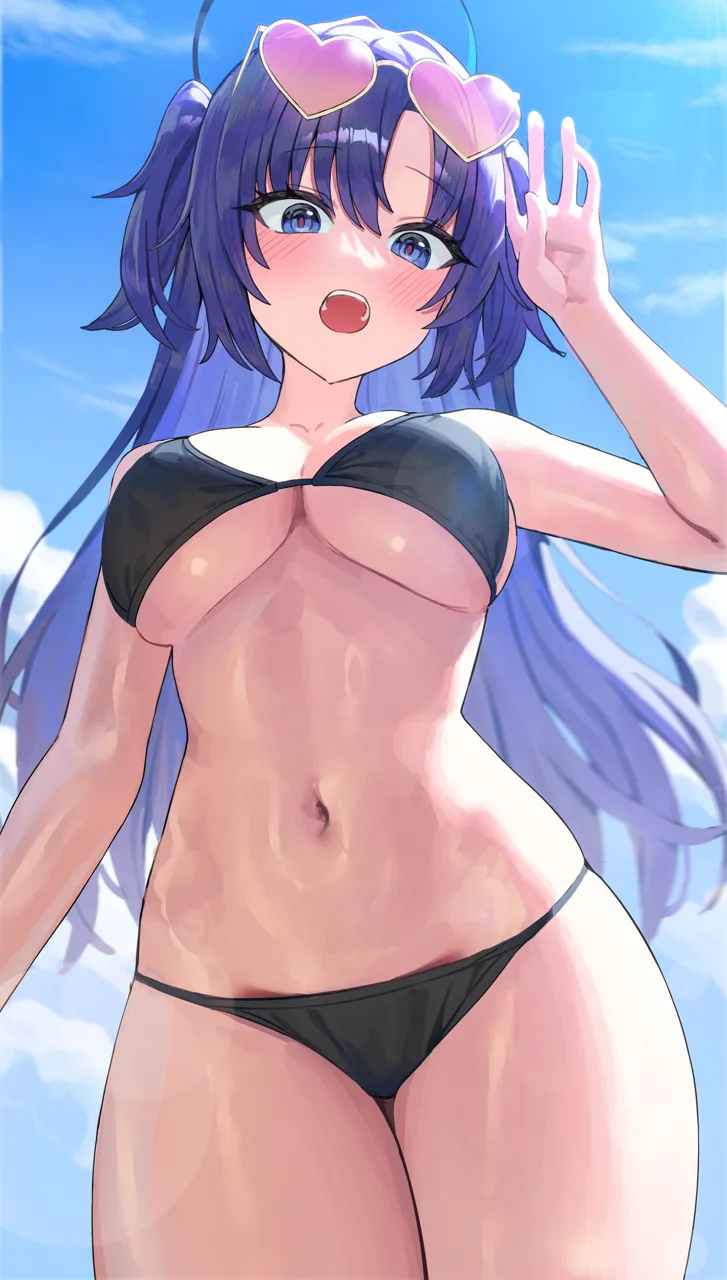 1girl alternate_costume bikini black_bikini black_halo blue_archive blue_eyes blue_hair blue_sky blush breasts cleavage cloud cloudy_sky damcheong day eyewear_on_head from_below halo heart heart_shaped_eyewear large_breasts long_hair looking_at_viewer navel open_mouth sky solo stomach string_bikini swimsuit thick_thighs thighs two_side_up underboob very_long_hair yuuka__blue_archive