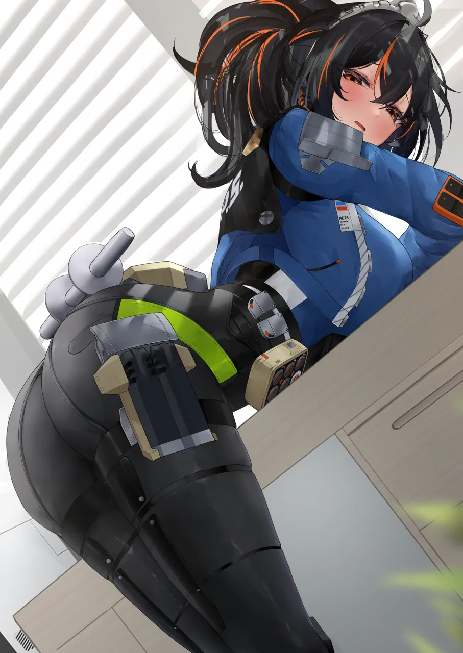 1girl ass bent_over black_hair black_pants blue_jacket blush breasts desk handlebar high_waist_pants jacket large_breasts long_hair long_sleeves looking_at_viewer looking_back multicolored_hair open_mouth orange_hair pants ponytail red_eyes solo streaked_hair thighs n9at zenless_zone_zero zhu_yuan__zenless_zone_zero