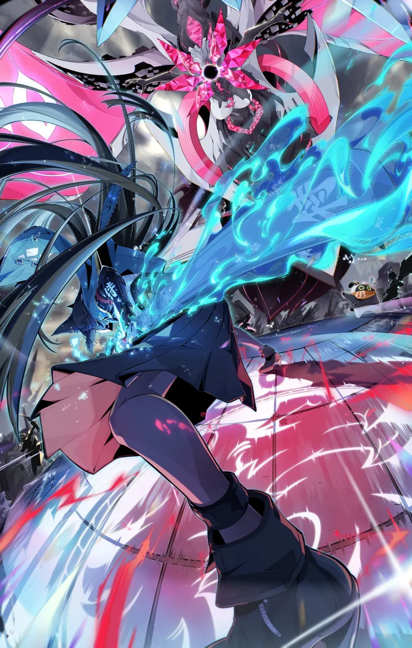 1boy 1other 3girls animal_ears bangboo__zenless_zone_zero black_hair black_pantyhose black_shoes black_skirt blue_fire creature faceoff fire flaming_sword flaming_weapon fox_ears fox_girl gauntlets glowing glowing_sword glowing_weapon green_jacket holding holding_sword holding_weapon jacket katana long_hair long_skirt mechanical_arms mechanical_hands multiple_girls pantyhose shoes single_gauntlet skirt sword very_long_hair weapon taiju__gr09kuma zenless_zone_zero asaba_harumasa__zenless_zone_zero eous__zenless_zone_zero hoshimi_miyabi__zenless_zone_zero nineveh__zenless_zone_zero soukaku__zenless_zone_zero tsukishiro_yanagi__zenless_zone_zero