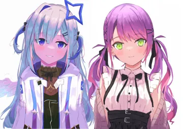 2girls angel angel_wings black_dress blue_eyes blue_hair breasts cardigan colored_inner_hair demon_girl dress ear_piercing feathered_wings frilled_sleeves frills gradient_eyes gradient_wings green_eyes grey_hair halo hood hoodie jewelry long_hair looking_at_viewer low_twintails mini_wings multicolored_eyes multicolored_hair multicolored_wings multiple_girls necklace official_alternate_costume piercing pink_eyes pink_hair pointy_ears purple_eyes purple_hair shirt shirt_tucked_in shuriken sleeveless sleeveless_shirt small_breasts smile streaked_hair twintails two_side_up virtual_youtuber weapon white_background white_hoodie wings maria_onnette hololive amane_kanata__hololive amane_kanata__work__hololive tokoyami_towa__hololive tokoyami_towa__jirai_kei__hololive