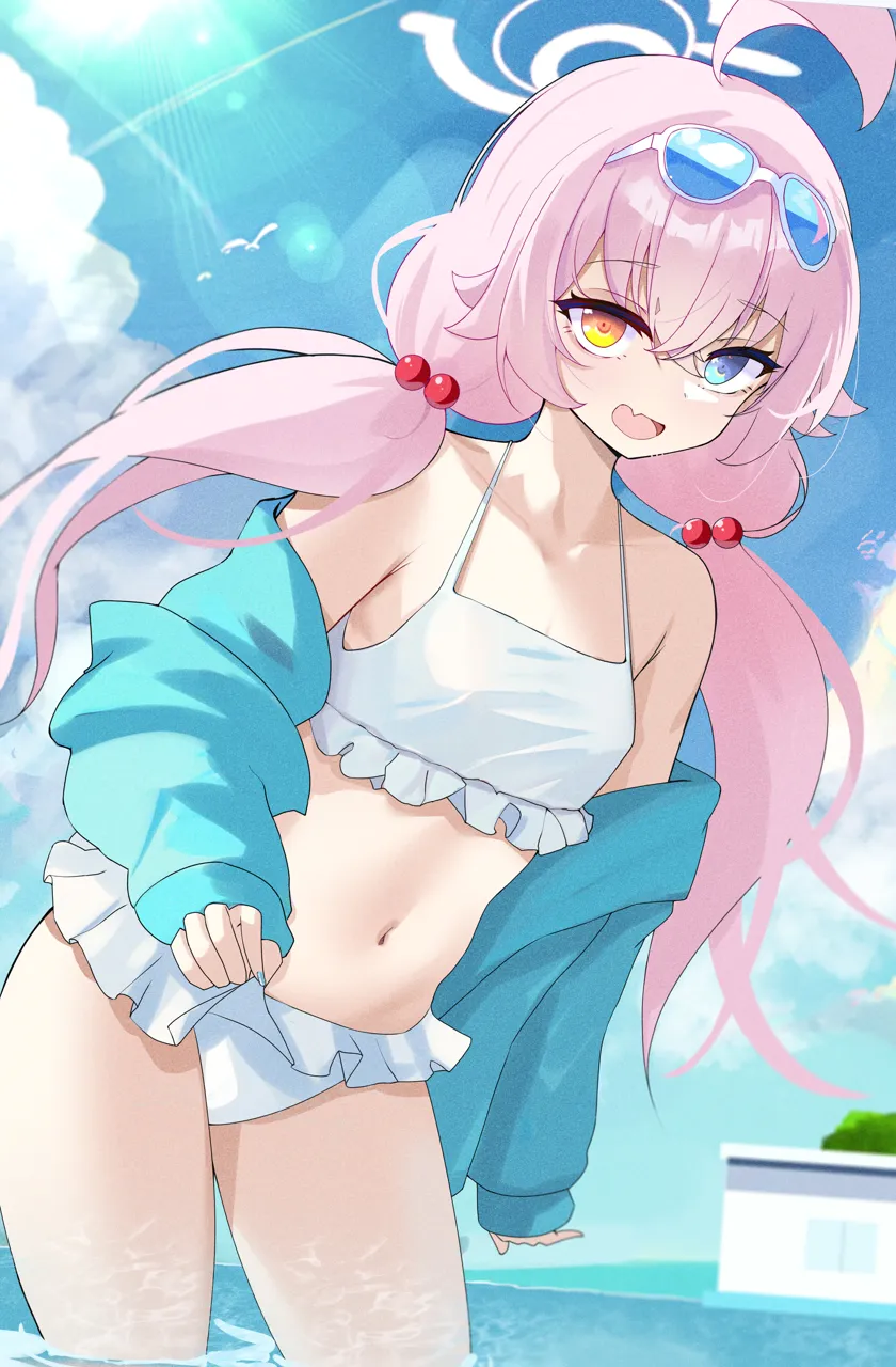 1girl ahoge antenna_hair bikini blue_tinted_eyewear blue_eyes blue_jacket blue_sky cloud cowboy_shot day eyewear_on_head fang frilled_bikini frills hair_bobbles hair_ornament halo heterochromia huge_ahoge jacket long_hair long_sleeves low_twintails navel off_shoulder official_alternate_costume open_mouth outdoors pink_hair pink_halo skin_fang sky smile solo standing sunglasses swimsuit tinted_eyewear twintails wading white_framed_eyewear white_bikini yellow_eyes musicatopos blue_archive hoshino__blue_archive hoshino__swimsuit__blue_archive