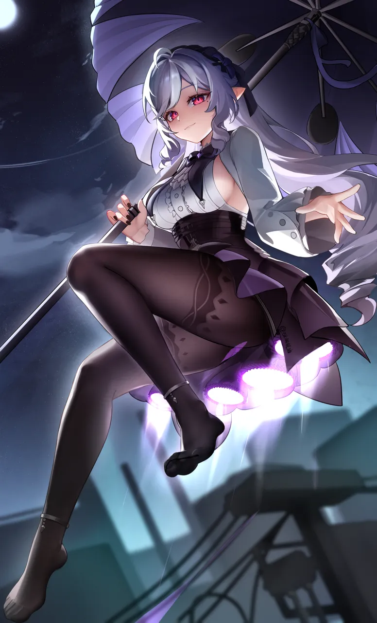 1girl artist_name ascot ass black_bow black_bowtie black_nails black_pantyhose blush bow bowtie breast_curtains breasts closed_mouth fingernails floating full_body holding holding_umbrella large_breasts long_hair looking_at_viewer moon nail_polish night night_sky no_shoes outdoors pantyhose pointy_ears purple_ascot purple_hair purple_umbrella red_eyes sideboob sky smile solo umbrella very_long_hair ushiko_xiansheng zenless_zone_zero vivian__zenless_zone_zero