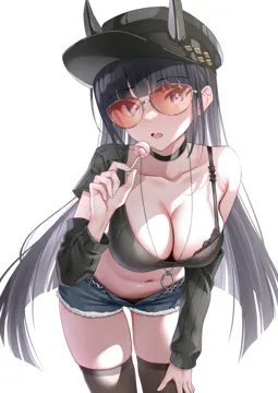 1girl alternate_costume arm_warmers azur_lane black_bra black_choker black_hair black_hat black_shirt black_thighhighs bra breasts candy choker classic__zildjian33 cleavage crop_top cropped_shirt denim denim_shorts food grey_shorts hand_on_own_knee hat holding holding_candy holding_food holding_lollipop horns jewelry large_breasts lollipop looking_at_viewer midriff navel necklace noshiro__azur_lane noshiro__dressed_up_date__azur_lane official_alternate_costume open_fly open_mouth orange_tinted_eyewear shirt short_shorts shorts simple_background single_bare_shoulder single_off_shoulder solo stomach thighhighs tinted_eyewear tongue tongue_out underwear white_background