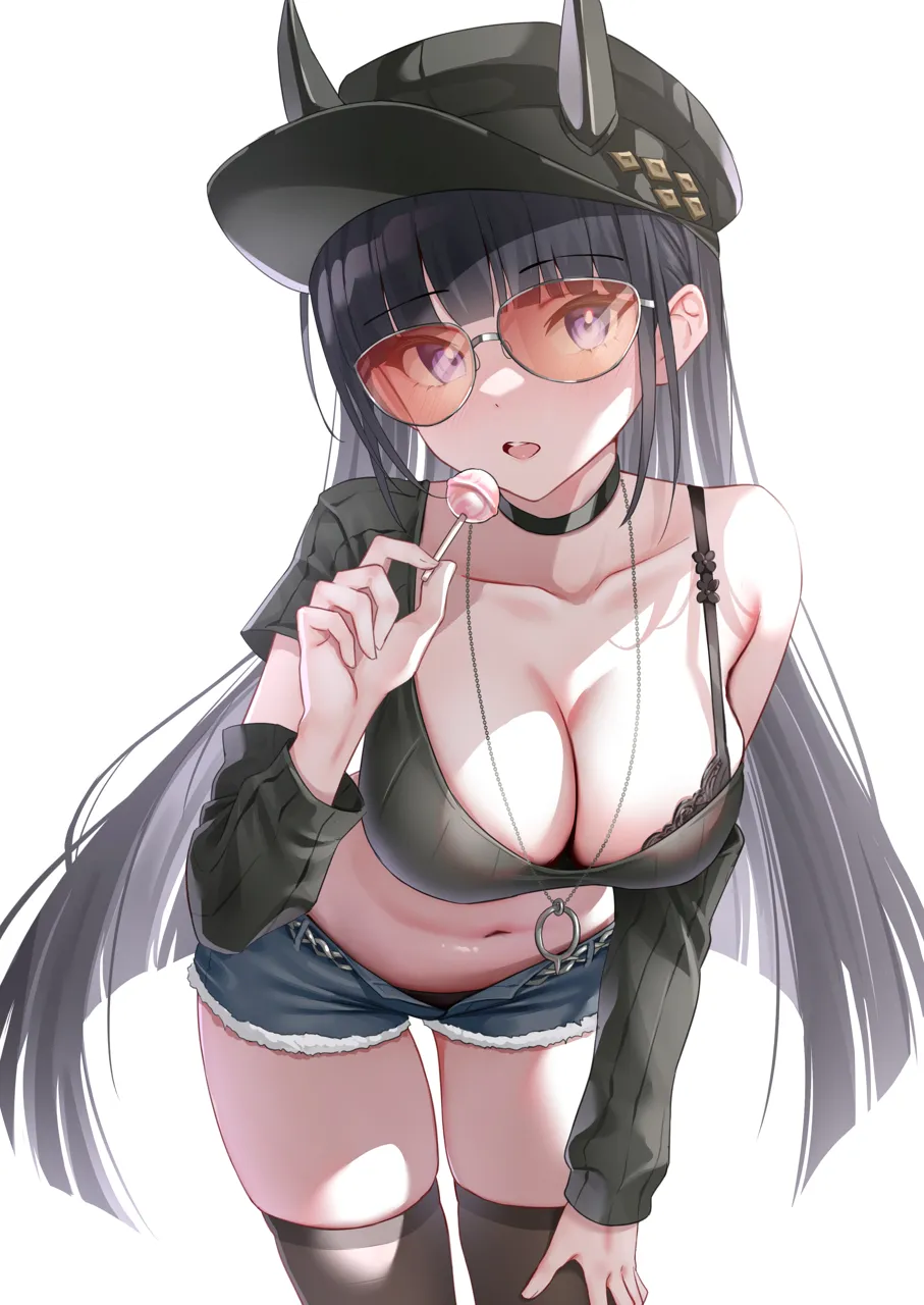 1girl alternate_costume arm_warmers azur_lane black_bra black_choker black_hair black_hat black_shirt black_thighhighs bra breasts candy choker classic__zildjian33 cleavage crop_top cropped_shirt denim denim_shorts food grey_shorts hand_on_own_knee hat holding holding_candy holding_food holding_lollipop horns jewelry large_breasts lollipop looking_at_viewer midriff navel necklace noshiro__azur_lane noshiro__dressed_up_date__azur_lane official_alternate_costume open_fly open_mouth orange_tinted_eyewear shirt short_shorts shorts simple_background single_bare_shoulder single_off_shoulder solo stomach thighhighs tinted_eyewear tongue tongue_out underwear white_background