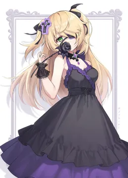 1girl alternate_costume bare_shoulders black_choker black_dress black_flower black_rose blonde_hair breasts choker cleavage covering_own_mouth cross cross_hair_ornament dress eyepatch flower flower_over_mouth frilled_dress frills green_eyes hair_ornament holding holding_flower lace_trim layered_dress long_hair looking_at_viewer one_eye_covered picture_frame rose sleeveless sleeveless_dress small_breasts solo swept_bangs two_side_up white_background wrist_cuffs yukiri__l_ii genshin_impact fischl__genshin_impact