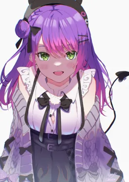 1girl belt black_belt black_bow black_bowtie black_hat black_ribbon black_skirt blush bow bowtie braid breasts colored_inner_hair ear_piercing frilled_shirt frills green_eyes grey_jacket hair_bun hair_ornament hair_ribbon hairclip hat jacket jirai_kei long_hair multicolored_hair off_shoulder official_alternate_costume open_mouth piercing pink_hair polka_dot polka_dot_bow pom_pom__clothes purple_hair ribbon shirt shirt_tucked_in side_braid simple_background single_side_bun skirt sleeveless sleeveless_shirt small_breasts solo streaked_hair suspender_skirt suspenders swept_bangs tail virtual_youtuber white_background white_shirt x_hair_ornament maria_onnette hololive tokoyami_towa__hololive tokoyami_towa__jirai_kei__hololive