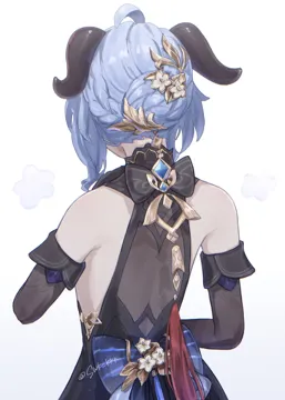 1girl ahoge back_bow bare_shoulders blue_hair bow china_dress chinese_clothes detached_sleeves dress flower from_behind goat_horns hair_flower hair_ornament horns long_sleeves official_alternate_costume official_alternate_hairstyle simple_background solo twitter_username upper_body white_background suwa__swk_kkk genshin_impact ganyu__genshin_impact ganyu__twilight_blossom__genshin_impact