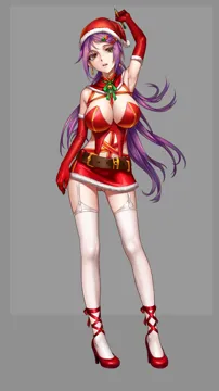 1girl arm_up armpits ass_visible_through_thighs bell belt breasts cleavage contrapposto elbow_gloves full_body garter_straps gloves hair_ornament hairclip hat high_heels jingle_bell large_breasts long_hair long_legs looking_at_viewer miniskirt neck_ribbon open_mouth pen purple_eyes purple_hair red_gloves red_shoes ribbon santa_costume santa_hat shoes simple_background skirt solo standing thighhighs white_thighhighs yellow_background yellow_eyes zettai_ryouiki as109 m_a_d_mafia_is_all_dead