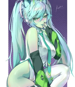 1girl alien animal_ears aqua_hair aqua_necktie bare_shoulders blush collared_leotard colored_skin detached_sleeves green_eyes green_skin hair_between_eyes highleg highleg_leotard leotard licking_own_finger long_hair necktie sleeves_past_wrists solo thighhighs vocaloid twintails white_thighhighs keyokku glorpi_miku__dyarikku hatsune_miku