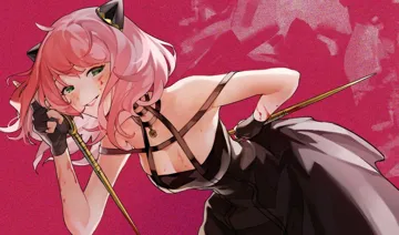1girl bangs bare_shoulders black_dress black_gloves blood blood_on_clothes blood_on_face blood_on_hands blood_on_weapon blood_splatter breasts bruise cleavage cuts dirty dress fingerless_gloves gloves green_eyes grin holding leaning_forward looking_at_viewer medium_breasts microphone_stand pink_hair red_background smile solo weapon spy_x_family anya__spy_x_family