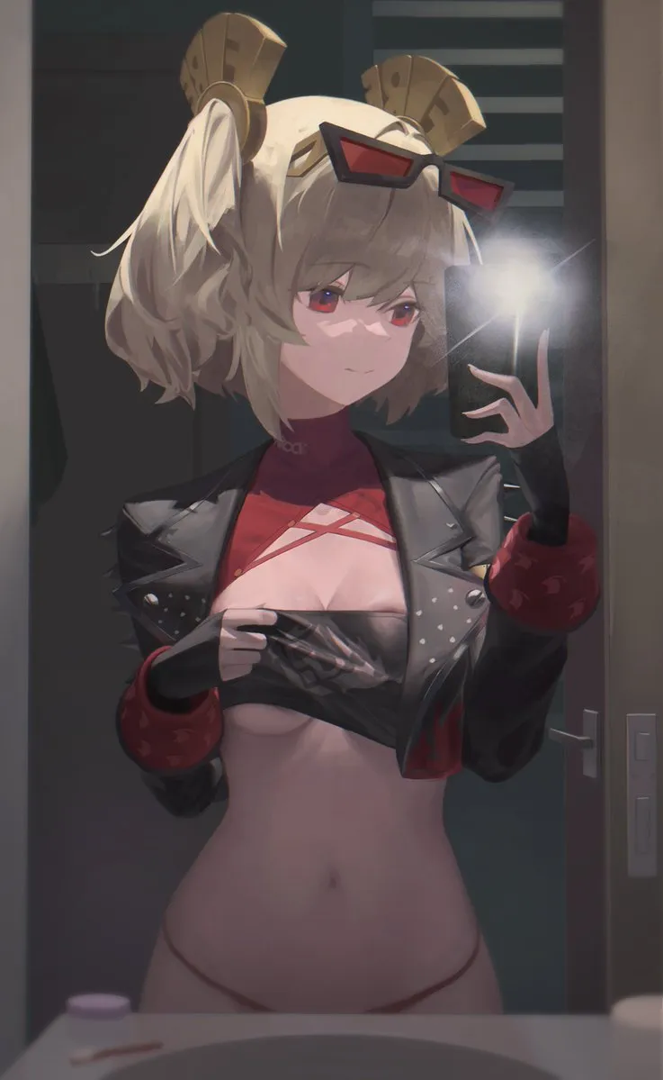 1girl black_jacket black_panties blonde_hair breasts cellphone cleavage closed_mouth cowboy_shot crop_top eyewear_on_head hair_between_eyes holding holding_phone indoors jacket medium_breasts looking_at_viewer medium_hair mirror navel open_clothes open_jacket panties phone red_tinted_eyewear red_eyes reflection reflection_focus selfie sidelocks smartphone smile solo stomach sunglasses taking_picture tinted_eyewear underboob underwear arts__90620075 zenless_zone_zero burnice_white__zenless_zone_zero