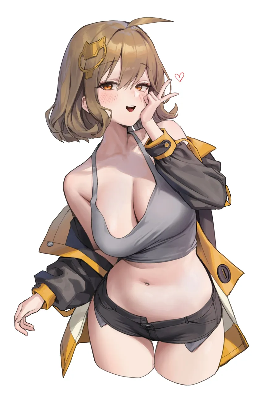 1girl ahoge anis__nikke bare_shoulders black_jacket black_shorts breasts brown_eyes brown_hair cleavage crop_top cropped_legs fingernails goddess_of_victory__nikke grey_tank_top hair_ornament hairclip half_closed_eyes heart jacket large_breasts looking_at_viewer midriff navel open_mouth short_hair short_shorts shorts simple_background smile solo standing stomach tank_top white_background xi_xeong
