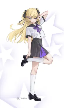 1girl alternate_costume black_ribbon black_sailor_collar black_shoes blonde_hair blush bow bowtie braid eyepatch full_body green_eyes grey_skirt hair_between_eyes hair_ornament hair_ribbon hairpin kneehighs loafers long_hair looking_at_viewer one_eye_covered pleated_skirt purple_bow purple_bowtie ribbon sailor_collar school_uniform serafuku shirt shoes short_sleeves simple_background skirt socks solo standing standing_on_one_leg white_shirt white_socks yukiri__l_ii genshin_impact fischl__genshin_impact
