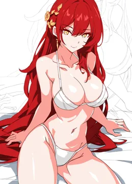 1girl bikini breasts cleavage earrings hair_ornament himeko__honkai__star_rail honkai__series honkai__star_rail jewelry kili_kilio long_hair looking_at_viewer navel red_hair sitting smile solo swimsuit very_long_hair white_bikini yellow_eyes