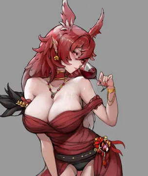 1girl alcohol bangle bare_shoulders black_panties blush bracelet breasts choker cleavage collarbone cup dress drinking_glass earrings hair_between_eyes head_wings jewelry large_breasts leaning_forward long_hair looking_at_viewer necklace off_shoulder_dress off_shoulder panties parted_lips pointy_ears red_dress red_eyes red_hair red_nails sideways_glance simple_background solo thigh_gap underwear wine wine_glass wings gdhs