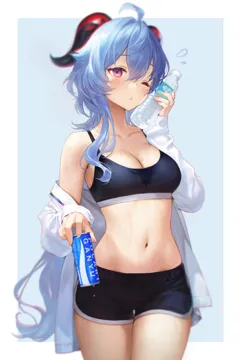 1girl ahoge alternate_costume bare_shoulders black_shorts black_sports_bra blue_background blue_hair blush border bottle breasts can cleavage cowboy_shot crop_top dolphin_shorts drink flying_sweatdrops goat_horns hair_between_eyes holding holding_bottle holding_drink horns looking_at_viewer medium_breasts mole mole_on_breast navel off_shoulder one_eye_closed open_clothes open_shirt parted_lips purple_eyes shirt shorts sidelocks solo sports_bra stained_clothes stomach sweat sweaty_clothes thighs water_bottle wet white_border white_shirt adelie_cat genshin_impact ganyu__genshin_impact