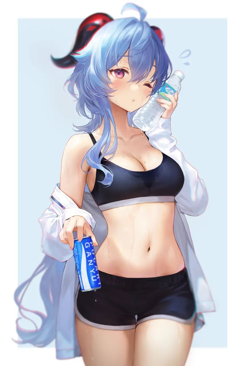 1girl ahoge alternate_costume bare_shoulders black_shorts black_sports_bra blue_background blue_hair blush border bottle breasts can cleavage cowboy_shot crop_top dolphin_shorts drink flying_sweatdrops goat_horns hair_between_eyes holding holding_bottle holding_drink horns looking_at_viewer medium_breasts mole mole_on_breast navel off_shoulder one_eye_closed open_clothes open_shirt parted_lips purple_eyes shirt shorts sidelocks solo sports_bra stained_clothes stomach sweat sweaty_clothes thighs water_bottle wet white_border white_shirt adelie_cat genshin_impact ganyu__genshin_impact