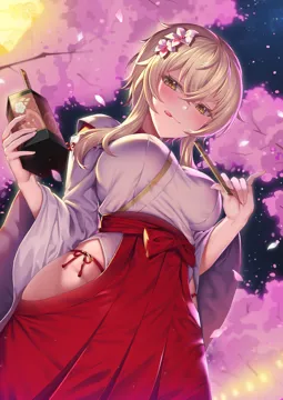 _p 1girl alternate_costume blonde_hair blurry brown_eyes cherry_blossoms depth_of_field flower folding_fan from_below genshin_impact groin hair_between_eyes hair_flower hair_ornament hand_fan hip_focus hip_vent holding holding_fan holding_lantern ia__ias1010 japanese_clothes lantern long_sleeves looking_at_viewer looking_down lumine__genshin_impact miko omikuji paper_lantern petals short_hair short_hair_with_long_locks sidelocks smile solo tongue tongue_out tree wide_sleeves wind