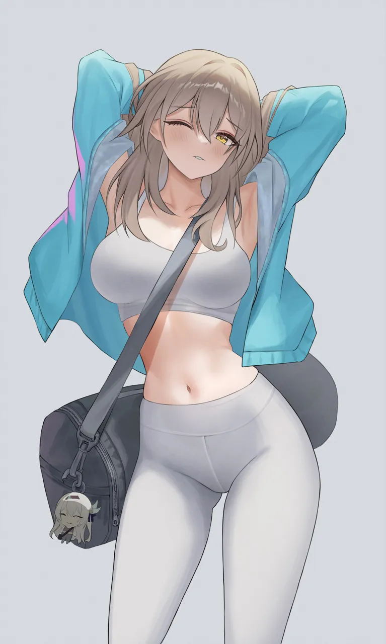 1girl blue_jacket blush breasts charm__object collarbone cowboy_shot crop_top firefly__honkai__star_rail grey_background grey_hair grey_pants honkai__series honkai__star_rail jacket large_breasts leggings long_hair long_sleeves looking_at_viewer midriff navel open_clothes open_jacket pants parted_lips simple_background solo sports_bra standing stelle__honkai__star_rail stomach thighs trailblazer__honkai__star_rail yami__rear4742 yellow_eyes