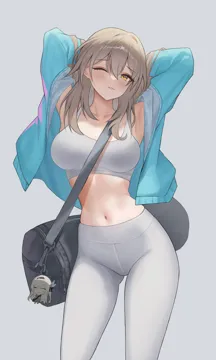 1girl blue_jacket blush breasts charm__object collarbone cowboy_shot crop_top firefly__honkai__star_rail grey_background grey_hair grey_pants honkai__series honkai__star_rail jacket large_breasts leggings long_hair long_sleeves looking_at_viewer midriff navel open_clothes open_jacket pants parted_lips simple_background solo sports_bra standing stelle__honkai__star_rail stomach thighs trailblazer__honkai__star_rail yami__rear4742 yellow_eyes