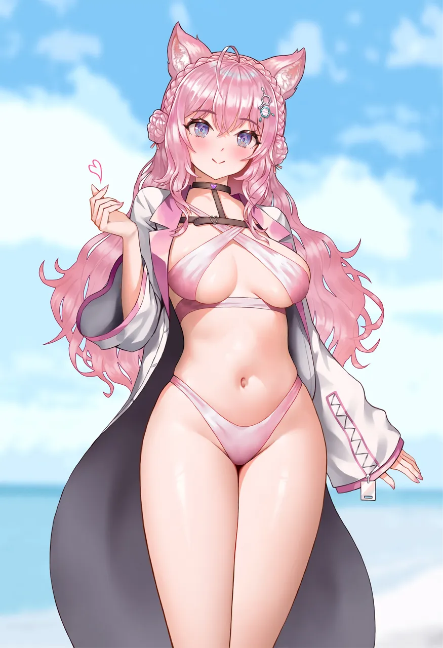 1girl adapted_costume ahoge animal_ear_fluff animal_ears bikini black_choker blue_sky blurry blurry_background blush braid braided_bun breasts choker closed_mouth coat cowboy_shot criss_cross_halter crossed_bangs crown_braid double_bun groin hair_between_eyes hair_bun hakui_koyori hakui_koyori__1st_costume halterneck hand_up harness heart hexagon_hair_ornament highleg highleg_bikini hololive legs_together long_hair long_sleeves looking_at_viewer medium_breasts navel open_clothes open_coat outdoors pink_bikini pink_hair purple_eyes secon sidelocks skindentation sky sleeves_past_wrists sling_bikini_top smile solo standing stomach swimsuit thighs virtual_youtuber wavy_hair white_coat wide_sleeves wolf_ears wolf_girl