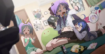 3girls ahoge air_conditioner anger_vein angry bare_shoulders barefoot black_skirt blue_eyes blue_hair book bracelet brand_name_imitation calendar__object camisole can chips__food closed_eyes company_connection door elma__maidragon english_text engrish_text food green_camisole green_shorts grey_shirt gundam hair_between_eyes hairband haro hiiragi_kagami hiiragi_tsukasa holding holding_book hyouka indoors izumi_konata jewelry kagamin_boo kanna_kamui kobayashi_san_chi_no_maidragon kyoto_animation long_hair long_sleeves looking_at_another lucky_star lucoa__maidragon lying midriff minakami_mai miniskirt mole mole_under_eye multiple_girls naganohara_mio navel nichijou on_stomach open_book open_mouth pleated_skirt pocky poster__object potato_chips purple_hair ranguage shirt short_hair shorts sitting skirt sleeveless smile speech_bubble spoken_character stuffed_animal stuffed_toy suzumiya_haruhi suzumiya_haruhi_no_yuuutsu sweatdrop the_pose tohru__maidragon twintails wariza waterkuma white_shirt yellow_eyes yellow_hairband yuri