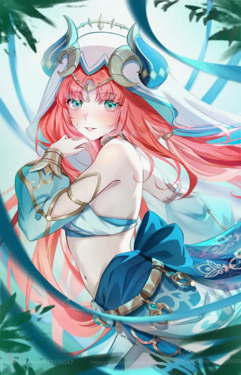 1girl bandeau bare_shoulders blush bracer circlet clothing_cutout crop_top detached_sleeves fake_horns floating_hair green_eyes harem_outfit horns long_hair low_twintails navel parted_bangs parted_lips red_hair skirt smile solo stomach twintails veil vision__genshin_impact watermark web_address white_headwear white_veil mihan__mihan_art genshin_impact nilou__genshin_impact