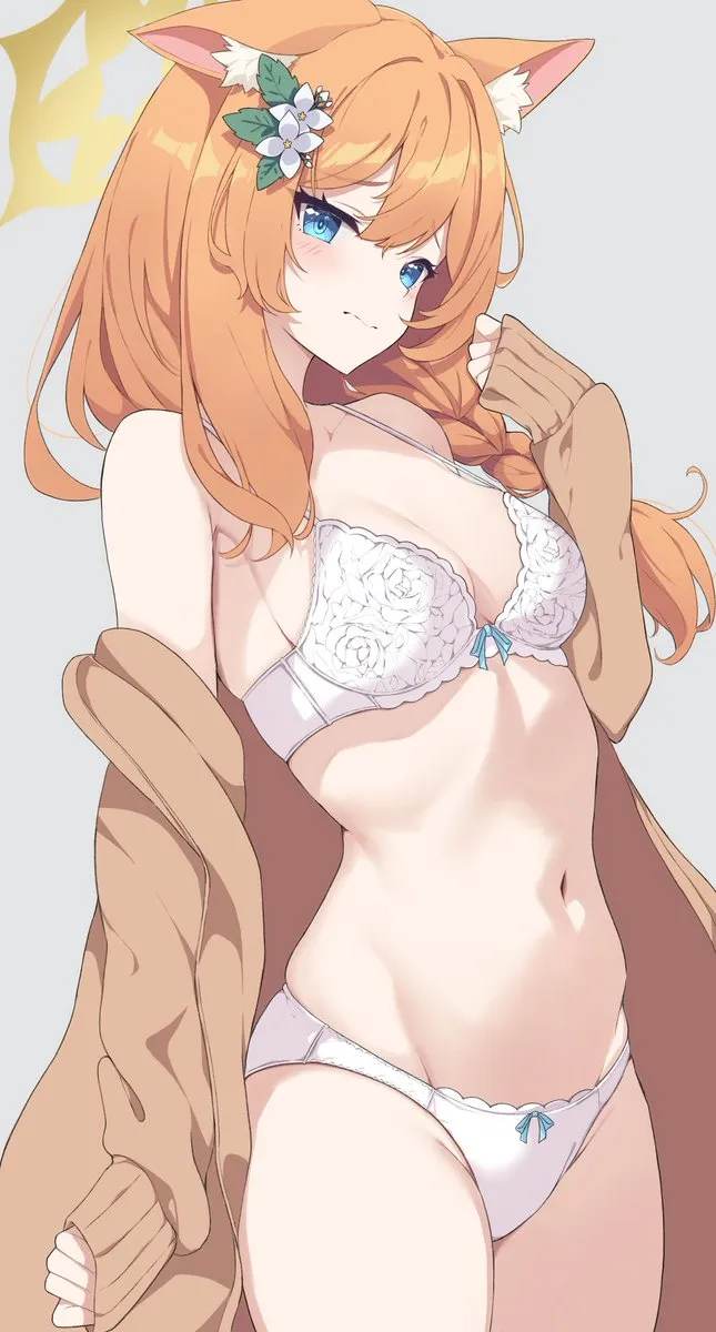 1girl alternate_hairstyle animal_ear_fluff animal_ears bare_shoulders blue_archive blue_eyes blush bow bow_bra bow_panties bra breasts cat_ears floral_print flower hair_flower hair_ornament halo hat hat_flower irohakaede lace lace_bra long_hair looking_at_viewer mari__blue_archive medium_breasts navel off_shoulder orange_hair panties solo standing stomach underwear white_bra white_flower white_panties yellow_halo
