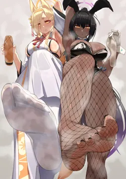 2girls animal_ears arm_up armpit_crease armpits asymmetrical_bangs bare_shoulders black_hair black_leotard blonde_hair blue_archive blush breasts cleavage dark_skin dark_skinned_female detached_collar detached_sleeves extra_ears eyeliner fake_animal_ears feet fishnet_pantyhose fishnets foot_focus foot_out_of_frame footprints fox_ears gloves hair_over_one_eye hairband halo highleg highleg_leotard japanese_clothes kaho__blue_archive karin__blue_archive karin__bunny__blue_archive kikimifukuri kimono large_breasts legs leotard long_hair long_skirt looking_at_viewer low_tied_long_hair makeup mole mole_under_mouth multiple_girls nail_polish no_shoes official_alternate_costume pantyhose playboy_bunny pleated_skirt ponytail presenting_armpit rabbit_ears red_rope rope sash short_eyebrows sideboob sideless_kimono sidelocks skirt sleeveless sleeveless_kimono smell soles steam steaming_body sweat sweatdrop thick_eyebrows thighs toenail_polish toenails toes very_long_hair white_gloves white_kimono white_skirt wide_sleeves yellow_eyes