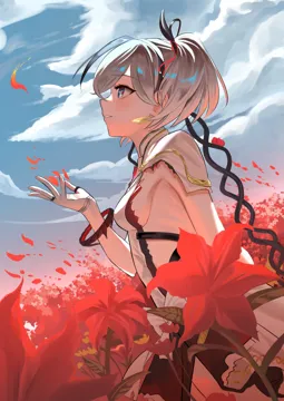 1girl black_eyes black_ribbon blue_sky breasts day dress earrings flower from_side gold_earrings gold_trim grey_hair hair_ribbon hair_vines hand_up jewelry looking_up medium_breasts outdoors parted_lips profile red_flower red_pupils ribbon short_hair sideboob sideless_dress sky solo white_dress wind haoma wuthering_waves camellya__wuthering_waves