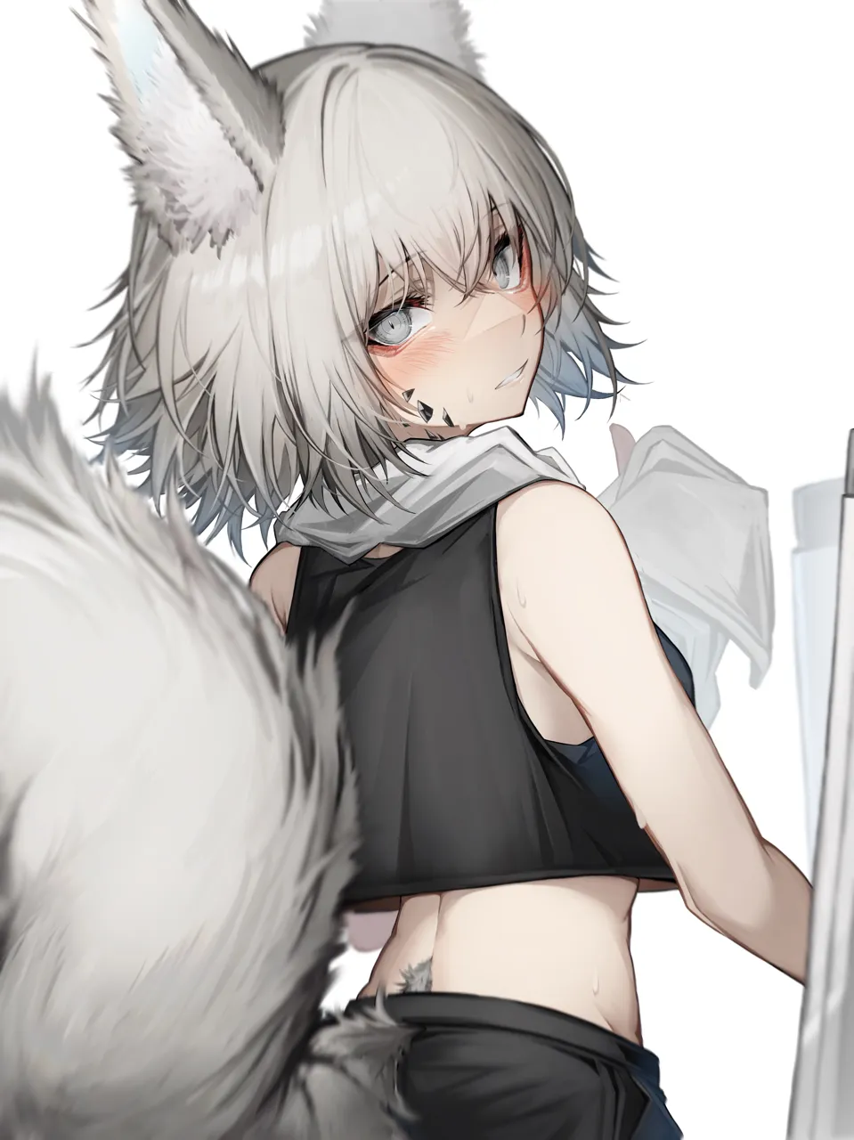 1girl animal_ears black_shirt black_shorts blush breasts cropped_shirt from_behind grey_eyes grey_hair hair_between_eyes holding_cloth long_hair looking_at_viewer looking_back material_growth midriff oripathy_lesion__arknights parted_lips shirt short_hair shorts simple_background sleeveless sleeveless_shirt small_breasts solo squirrel_ears squirrel_girl squirrel_tail sweat tail tail_through_clothes white_background tab_head arknights ashlock__arknights