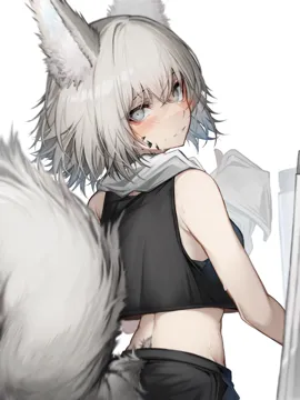 1girl animal_ears black_shirt black_shorts blush breasts cropped_shirt from_behind grey_eyes grey_hair hair_between_eyes holding_cloth long_hair looking_at_viewer looking_back material_growth midriff oripathy_lesion__arknights parted_lips shirt short_hair shorts simple_background sleeveless sleeveless_shirt small_breasts solo squirrel_ears squirrel_girl squirrel_tail sweat tail tail_through_clothes white_background tab_head arknights ashlock__arknights