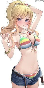 _o 1girl arm_up bare_shoulders bikini bikini_under_clothes blonde_hair blue_eyes blush bracelet breasts cleavage collarbone cowboy_shot denim denim_shorts halterneck idolmaster idolmaster_cinderella_girls jewelry kawai_ritsu__rits_meg large_breasts long_hair looking_at_viewer multicolored_bikini necklace no_shirt ohtsuki_yui open_fly open_mouth shorts side_tie_bikini_bottom solo stomach string_bikini striped_bikini striped_clothes swimsuit thighs wavy_hair