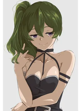 armband bare_shoulders belt black_choker breasts choker grey_hair hair_between_eyes hand_in_own_hair looking_down medium_breasts o_ring out_of_frame purple_eyes simple_background small_breasts smile upper_body anho sousou_no_frieren ubel__sousou_no_frieren