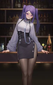 1girl adapted_costume bar__place bartender belt black_collar bottle brown_pantyhose can cigarette closed_mouth collar cup drink drinking_glass feet_out_of_frame food fruit grey_shirt heart high_waist_skirt indoors lime__fruit lips long_hair long_sleeves looking_at_viewer loose_clothes loose_shirt nail_polish pantyhose puffy_sleeves purple_hair shelf shirt side_slit skirt solo star__symbol suspenders twintails underbust xzu va_11_hall_a jill_stingray__va_11_hall_a